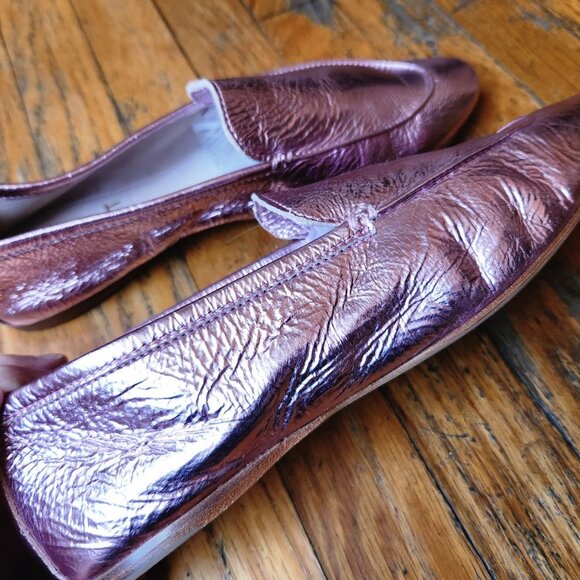 ZVELLE V Metallic Pink Crinkle Leather Moccasin Loafers - Picture 10 of 14